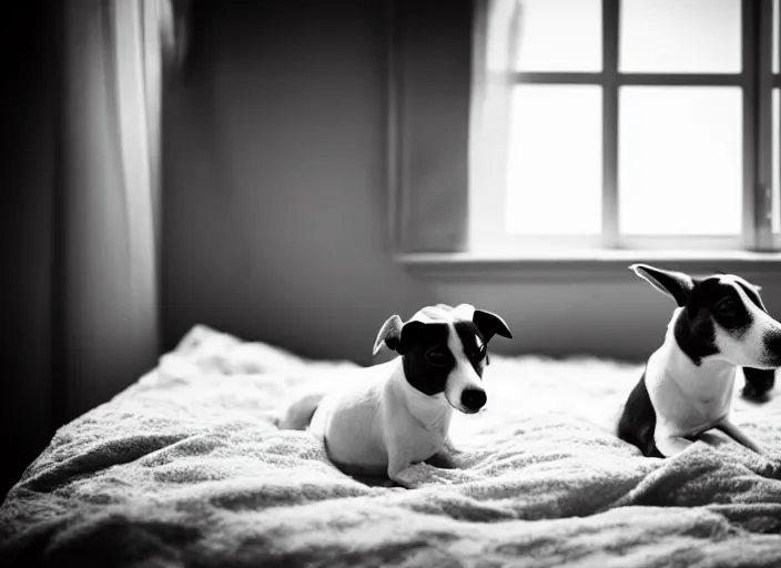 Prompt: photography of a Jack Russel . watching outside the window. on a bed. in a vintage room.,volumetric light, photorealistic,, award winning photo, 100mm, sharp, high res