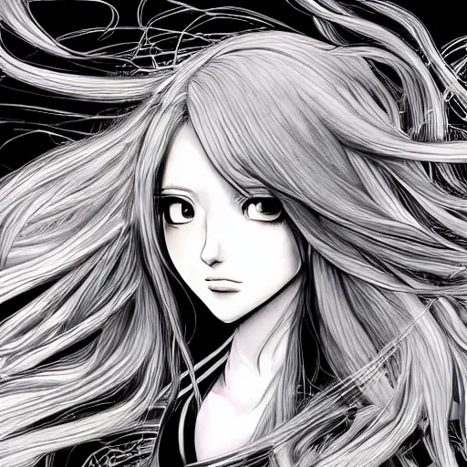 Image similar to Highly detailed Renaissance oil portrait in three quarter angle of an anime girl with long white hair fluttering on the wind and black eyes wearing office suit in the style of Yoshitaka Amano drawn with expressive brush strokes, abstract black and white patterns in the backround