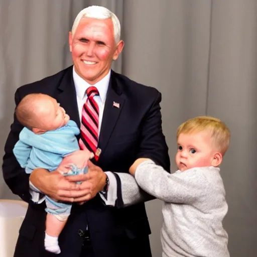 Prompt: mike pence holding a baby that has a mike pence haircut