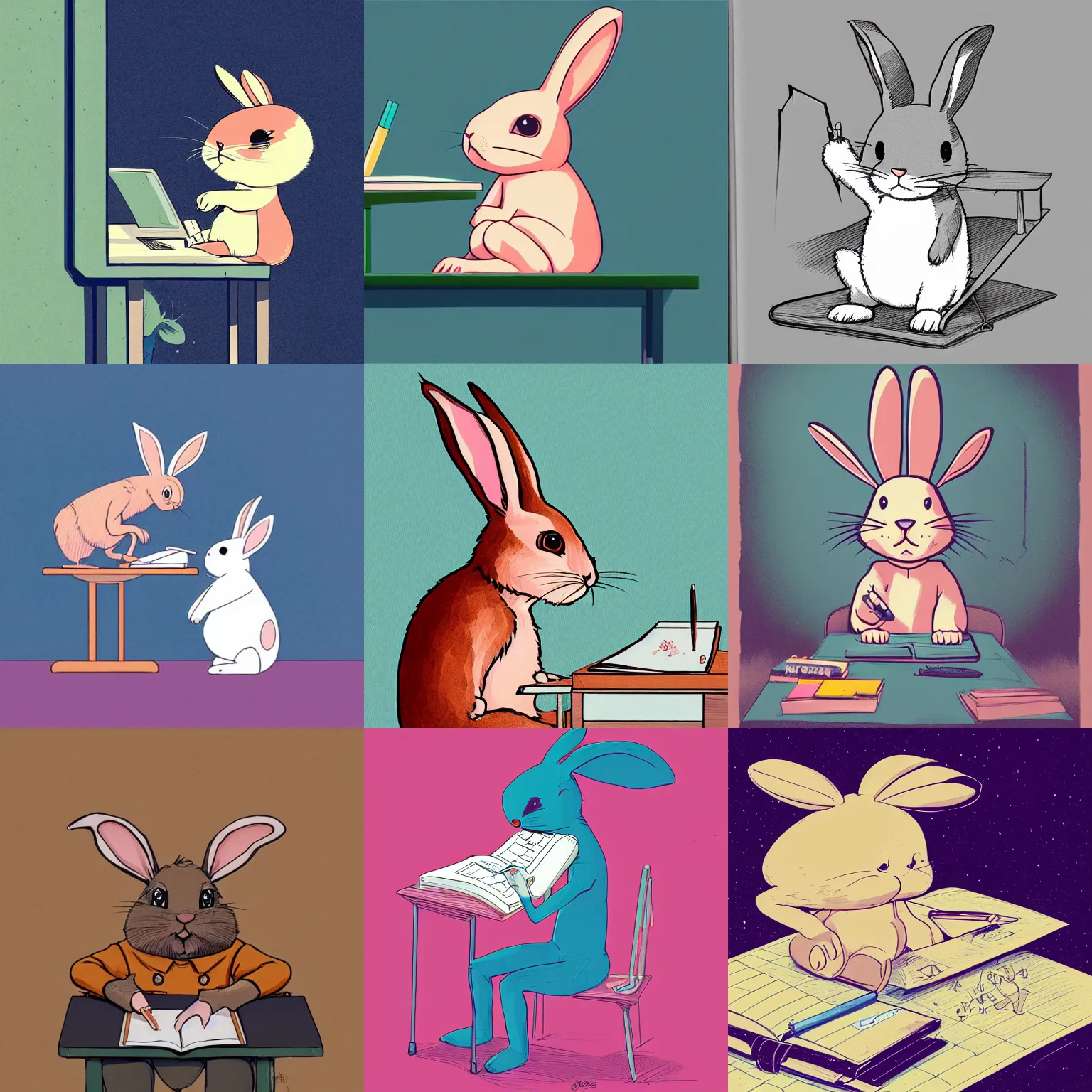 Prompt: a study of cell shaded portrait of a cute cartoon rabbit sitting at a desk writing on a notebook, children’s book illustration, concept art, llustration, post grunge, concept art by josan gonzales and wlop, by james jean, Victo ngai, David Rubín, Mike Mignola, Laurie Greasley, highly detailed, sharp focus, alien, Trending on Artstation, HQ, deviantart, art by artgerm