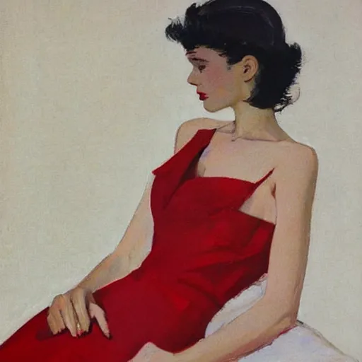 Image similar to a french fashion model posing in a red dress by coby whitmore