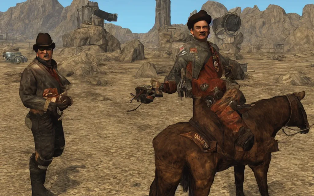 Image similar to young Lech Wałęsa as a cowboy npc character in fallout new vegas,