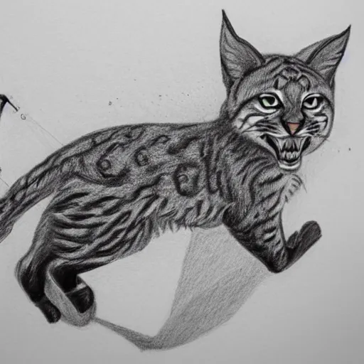 Image similar to bobcat with a bowtie riding on unicycle, pencil drawing