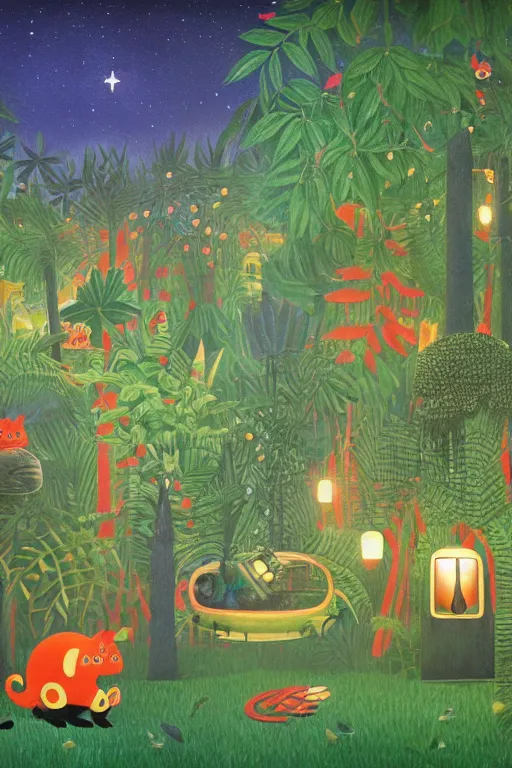 Image similar to night jungle, forest, stars, highly detailed, unreal engine render concept art, style of henri rousseau and richard scarry and hiroshi yoshida