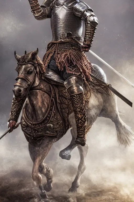 Prompt: a portrait of a medieval knight on horseback wielding a long lance, historical setting, dynamic pose, close - up, intricate details, intricately detailed clothing, intricate textures, warm lighting, vivid colors, smoke and mist, realistic octane render, hyper realistic render, volumetric shading, depth of field, raytracing, 8 k,