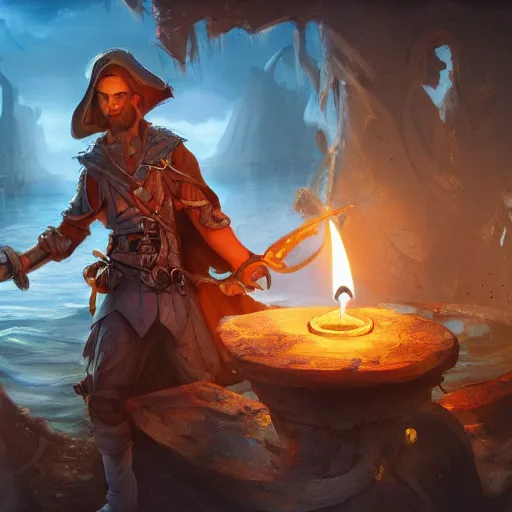 Image similar to concept art of a smart swashbuckler holding a candle holder discovering a sunken city, wearing a cape highly detailed, digital art, illustration, artstation, very detailed, 4 k