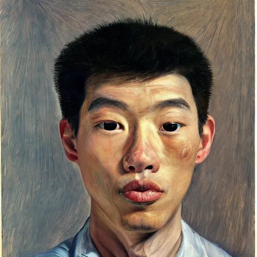 Image similar to detailed portrait of a modern, young confident asian american young man, by lucian freud, francis bacon, john chamberlain, willem de kooning, andreas franke, jean giraud, rob gonsalves, james gurney, james jean, ruan jia, gustav klimt