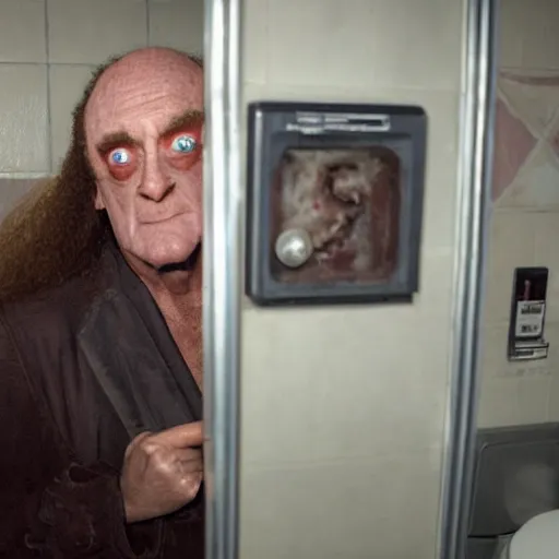 Image similar to portrait of Klingon Chancellor Gowron in full Klingon costume and makeup in a dirty gas station bathroom as he inspects a small round hole in the wall of the toilet stall