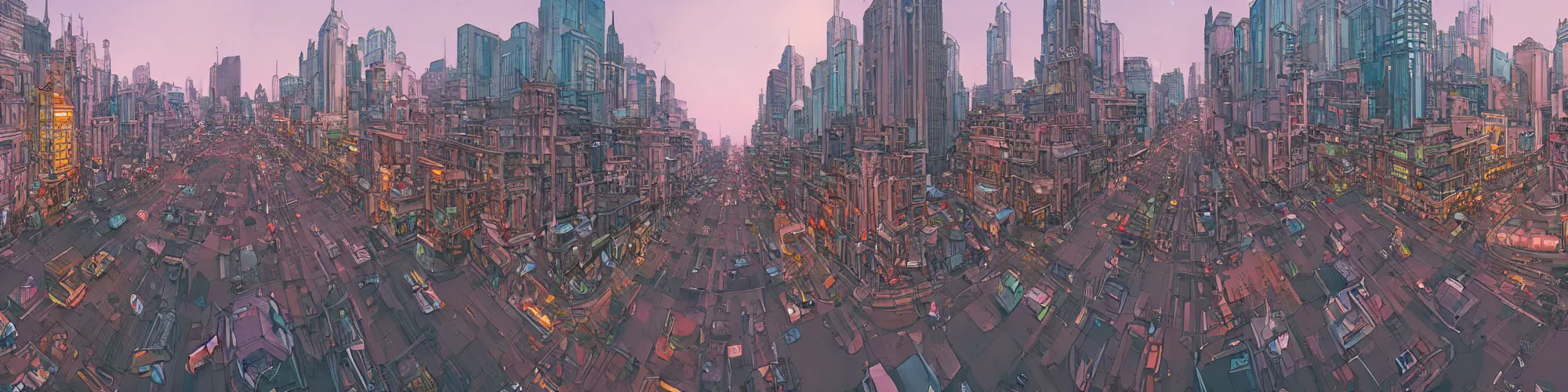 Image similar to panorama view of a city, on the street, no cars. sharp focus, cinematic pose, cinematic lighting, unreal engine render. art by josan gonzales and moebius and deathburger.