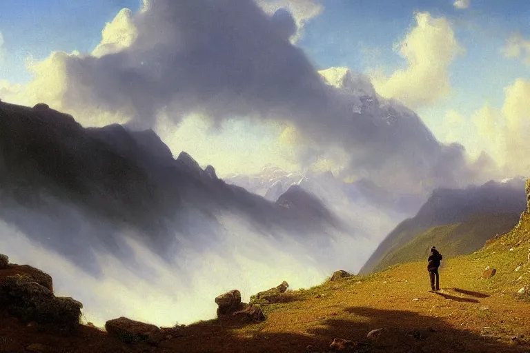 Image similar to a traveler wandering trough the mountains looking at the clouds, very detailed, focused, oil painting, cinematic lighting, albert bierstadt, trending on artstation, colorful, canvas, sunset, hans dahl, theodor kittelsen, hermann hendrich, national geographic, Konstantin Yakovlevich Kryzhitsky, beautiful nature, breathtaking, nordic