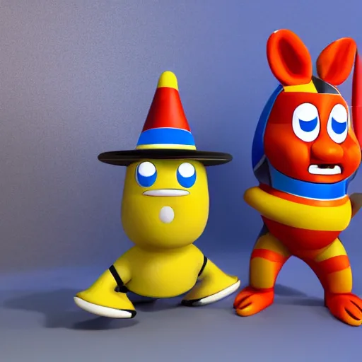 Prompt: a couple of cartoon characters standing next to each other, a stock photo by Mārtiņš Krūmiņš, trending on polycount, toyism, #myportfolio, rtx, cryengine