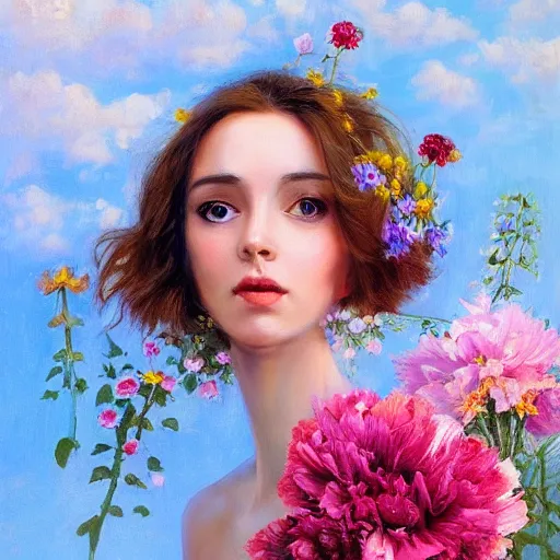 Image similar to a portrait of a romantic woman with flowers grow out of hair, roses peonies forget-me-nots dahlias lupins gladioli, sky theme in background, by Alexandr Averin, Digital Art, Trending on artstation