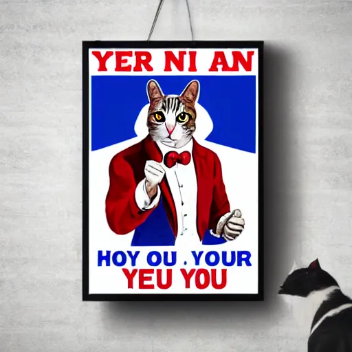 Image similar to cat in red white & blue suit in miliatry recruitment poster we want you