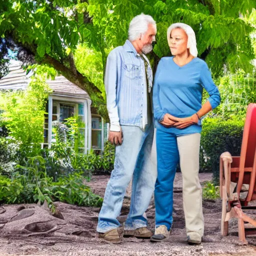 Prompt: a man and a woman around 3 0 years are standing in the backyard of a downtown home. realistic colors, detailed photo 8 k