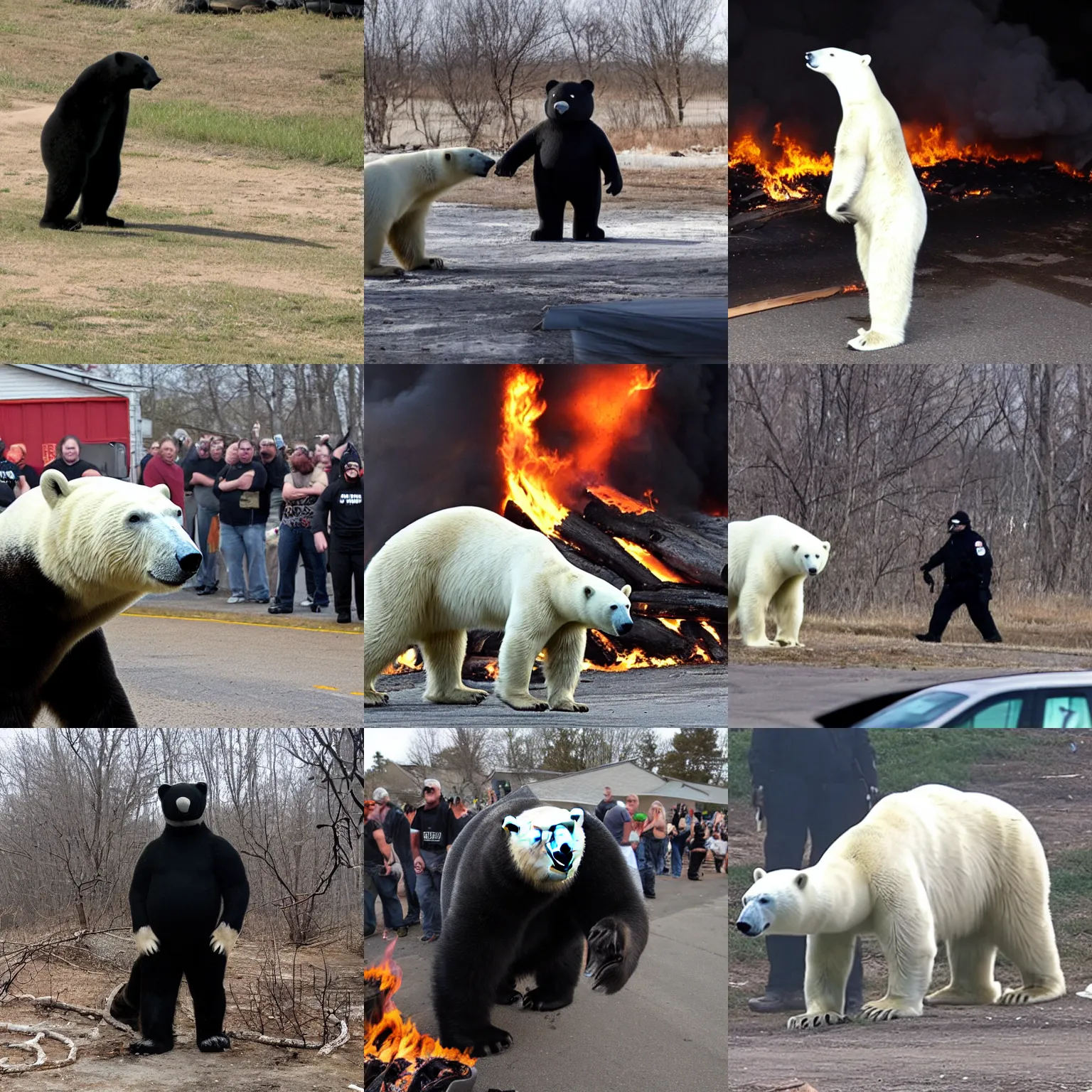 Prompt: polar bear dressed in all black at the george floyd riots in minnesota, lots of fire, photo