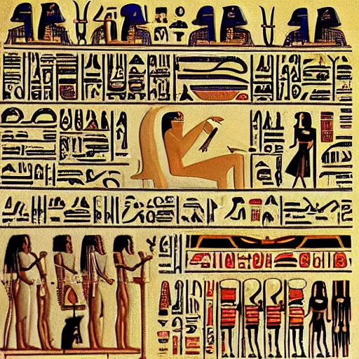 Image similar to page full of egyptian hieroglyphs describing magic spell