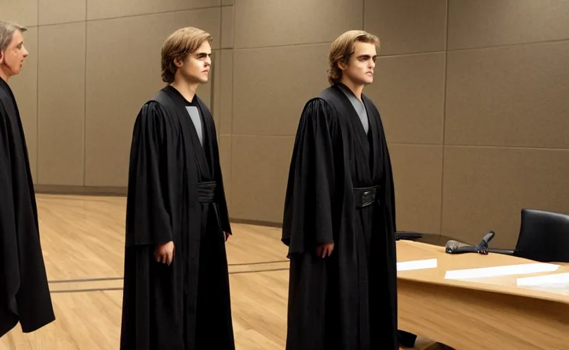 Prompt: anakin skywalker played by hayden christensen in jedi robes talking to a lawyer saul goodman suit in court, us court, better call saul scene 1 0 8 0 p, court session images, realistic faces