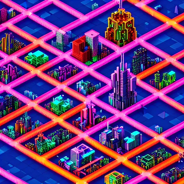 Image similar to voxel art of a cyberpunk blockchain city, chains connecting separate blocks, blockchain, symmetry, intricate, volumetric lighting, beautiful, rich deep colors masterpiece, sharp focus, ultra detailed, in the style of dan mumford and marc simonetti