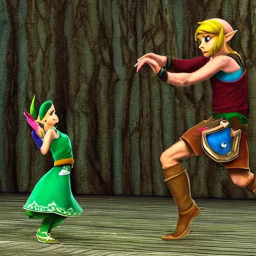 Image similar to real photo, zelda dancing salsa with link, hyper realistic