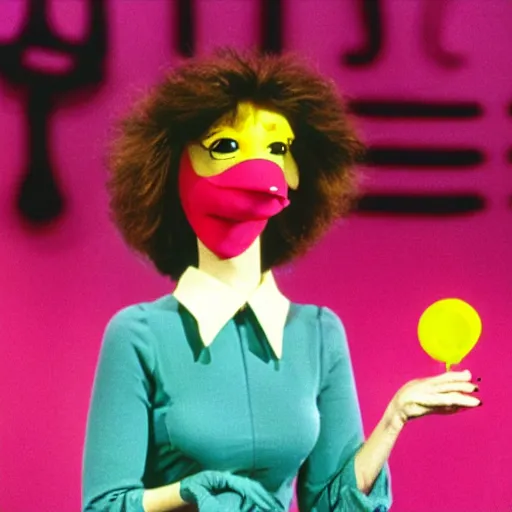 Prompt: 1983 happy woman on tv showwith a long prosthetic snout nose, big nostrils, wearing a dress in a cafe 1983 color archival footage color film 16mm Fellini Almodovar John Waters Russ Meyer with hand puppet