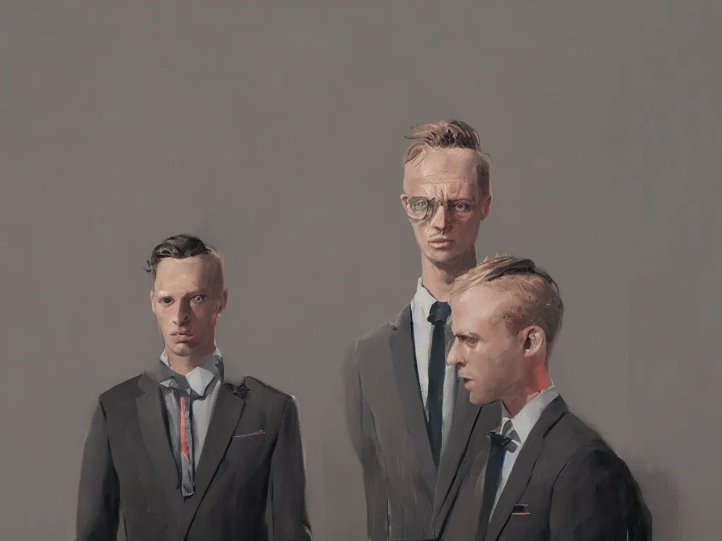 Image similar to a portrait of men in suits with tie in a painting from stalenhag, 4 k, 8 k, hdr, artstation, concept art