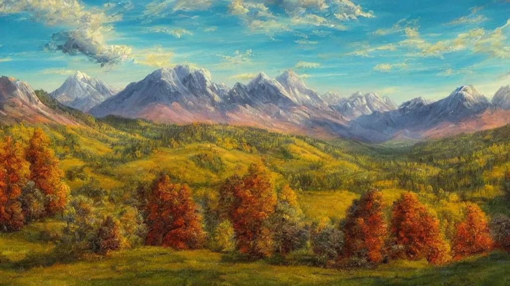 Prompt: The most beautiful panoramic landscape, oil painting, where the mountains are towering over the valley below their peaks shrouded in mist, the sun is just peeking over the horizon producing an awesome flare and the sky is ablaze with warm colors and stratus clouds. A giant dreamy waterfall separates the valley and the trees are starting to bloom in a great variety of colors, by Greg Rutkowski, aerial view