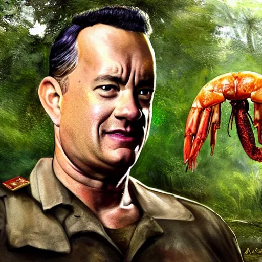 Image similar to Tom Hanks as forrest holding a giant shrimp over a campfire in the jungle, realistic digital painting, in the style of Aleksi Briclot, photoreailstic, realistic face, amazing detail, sharp