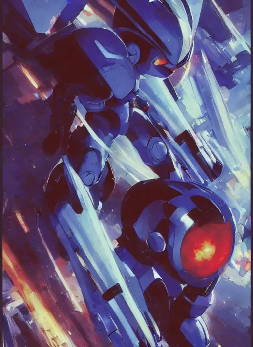 Image similar to Megaman X by John Berkey and Vincent Di Fate, rule of thirds, seductive look, beautiful, in intergalactic hq, ethereal lighting, smooth, masterpiece, Refined