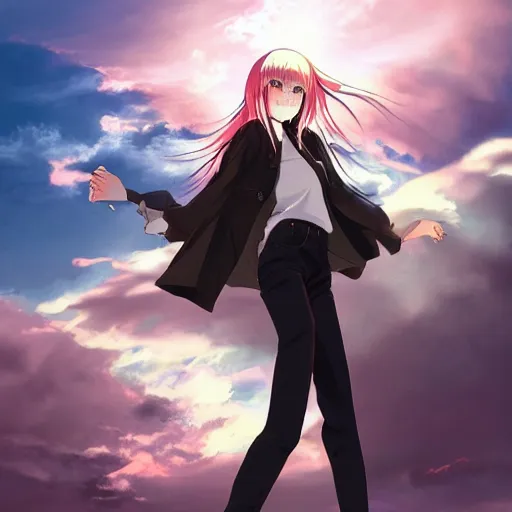 Image similar to 1 7 - year - old pale - skinned anime girl with black long bob cut, long bangs, black gothic jacket, black jeans, flying through sky, jumping through clouds, late evening, blue hour, cirrus clouds, pearly sky, ultra - realistic, sharp details, subsurface scattering, blue sunshine, intricate details, hd anime, 2 0 1 9 anime