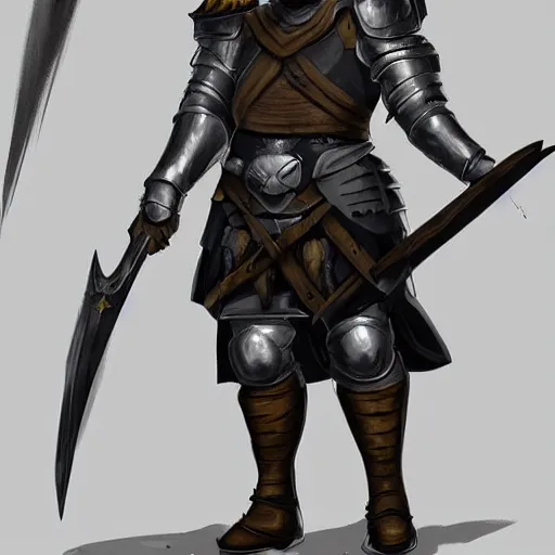 Prompt: concept art, gull body, 45 years old men, strict, militaristic, medieval heavy armor, no helmet, spear, high detail, digital art, medieval fantasy, realistic