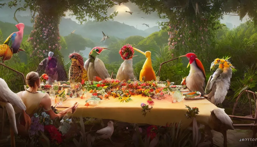 Image similar to a table dinner of exotic birds where birds are dressed like the characters from the midsommar movie wearing flowers, realistic detailed digital art by maxwell boas jessica rossier christian dimitrov anton fadeev trending on artstation cgsociety rendered in unreal engine 4 k hq