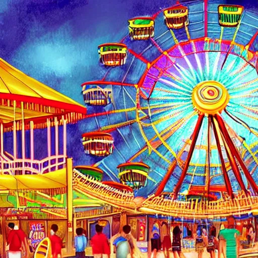 Image similar to a theme park in old egypt, sphynx and pyramids visible, ferris wheel, lights, carnival, illustration, digital art by laura price