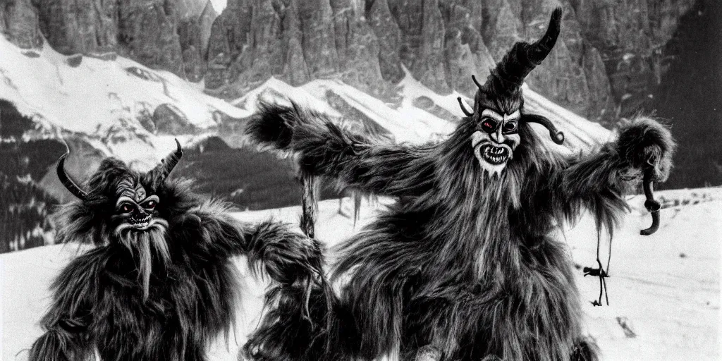 Image similar to krampus with big beak dancing in dolomites, hay fur, austrian folklore, 1920s photography, grainy, eerie, dark