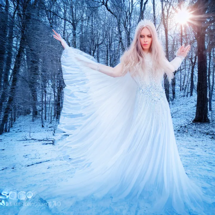 Prompt: photograph of a real-life beautiful ice queen with intricate white dress in an ethereal snowy landscape. Extremely detailed. 8k