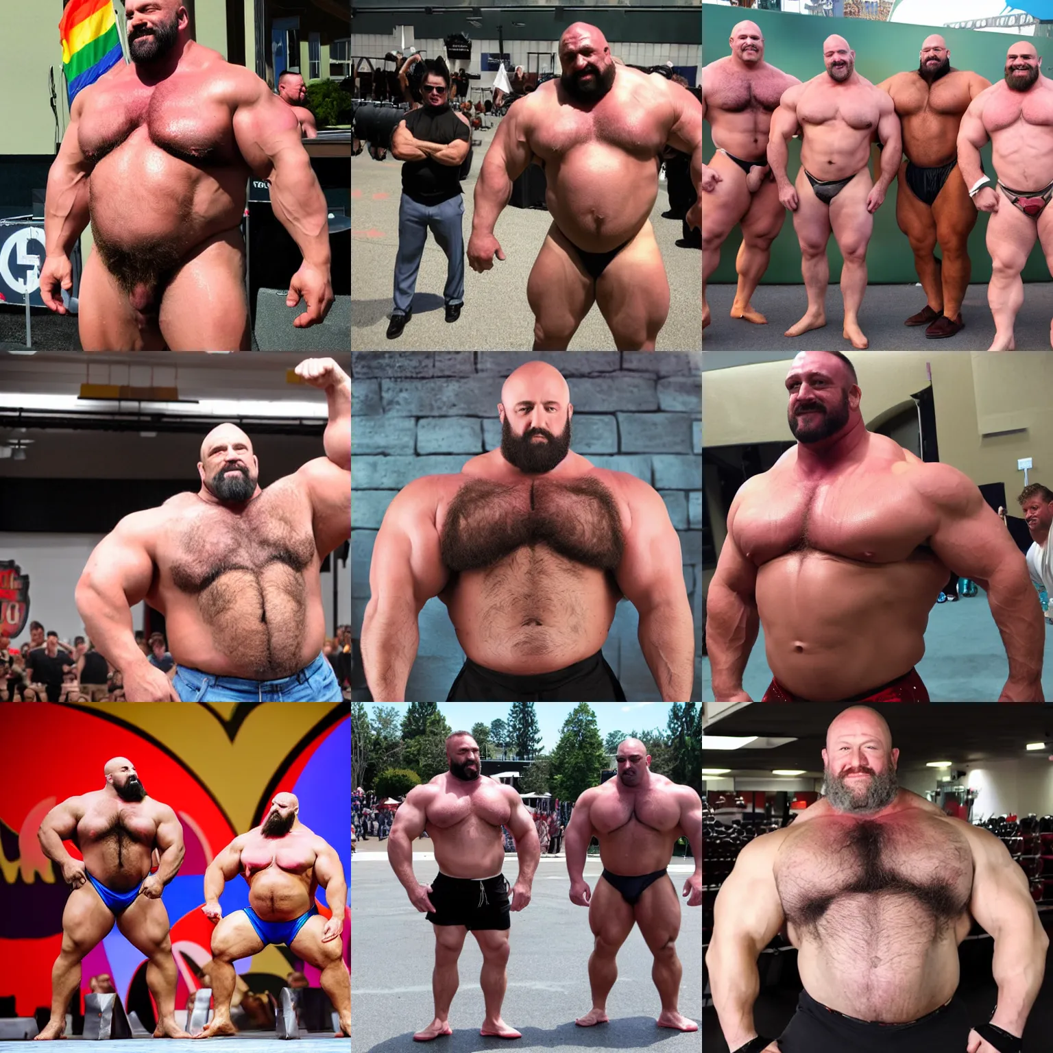 Prompt: gay muscle bear daddy strongmen convention, photograph
