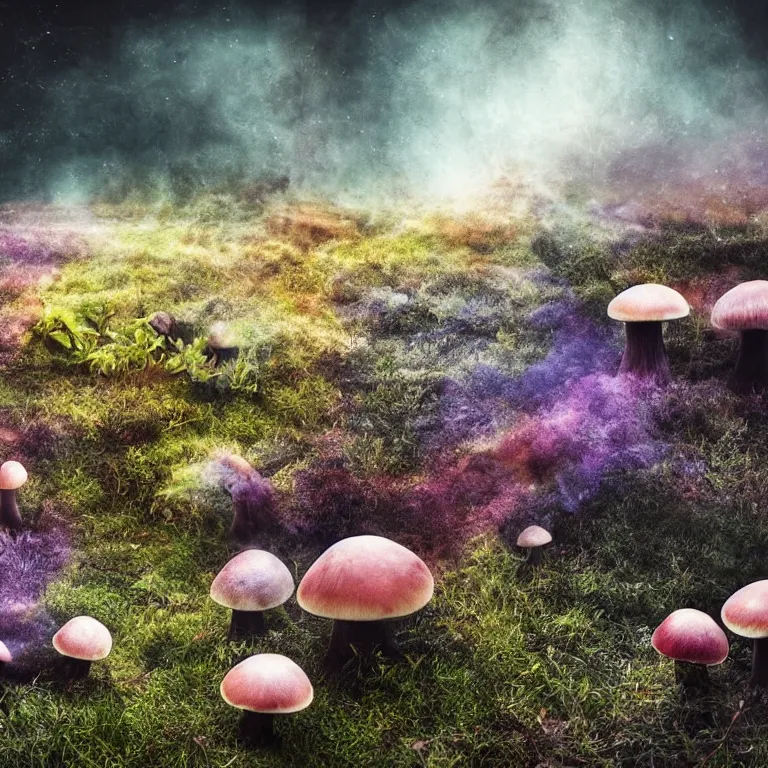 Image similar to a planet of various fungus, mushrooms and plants, inside the picture is infinity, Atmospheric phenomenon, artistic photography, muted colors, conceptual, long exposure outside the city, volumetric light