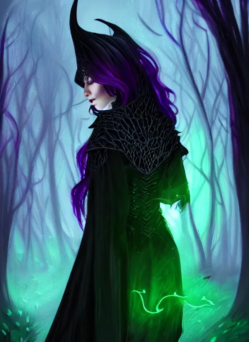 Image similar to side portrait dark queen, witch outfit large cloak, fantasy forest landscape, dragon scales, fantasy magic, undercut hairstyle, short purple black fade hair!!!!!!, dark light night, intricate, elegant, sharp focus, illustration, highly detailed!!!!!!!, digital painting, concept art, green neon smoke, matte painting, art by WLOP and Artgerm and Greg Rutkowski and Alphonse Mucha, masterpiece