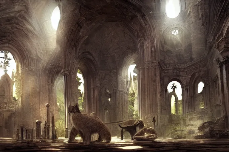 Image similar to concept art of ancient cathedral of forgotten cat people, national geographic, high fantasy, strong perspective, sacred perfect lighting,