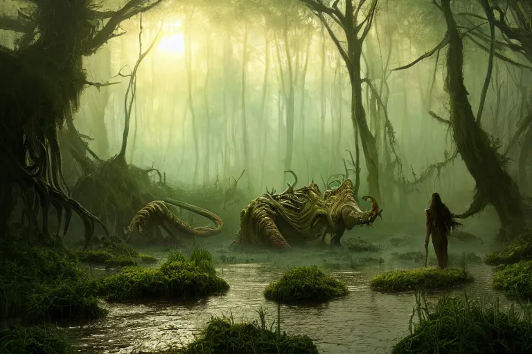 Image similar to colossal beasts walk through a swamp on alien planet, illustration, chaotic, lush, forest soul, mist, elden ring, opalescent night background, colossal, volumetric lighting, soft lighting, soft details, painting oil on canvas by Edmund Blair Leighton and charlie bowater octane render, HDR, trending on artstation, 4k, 8k, HD