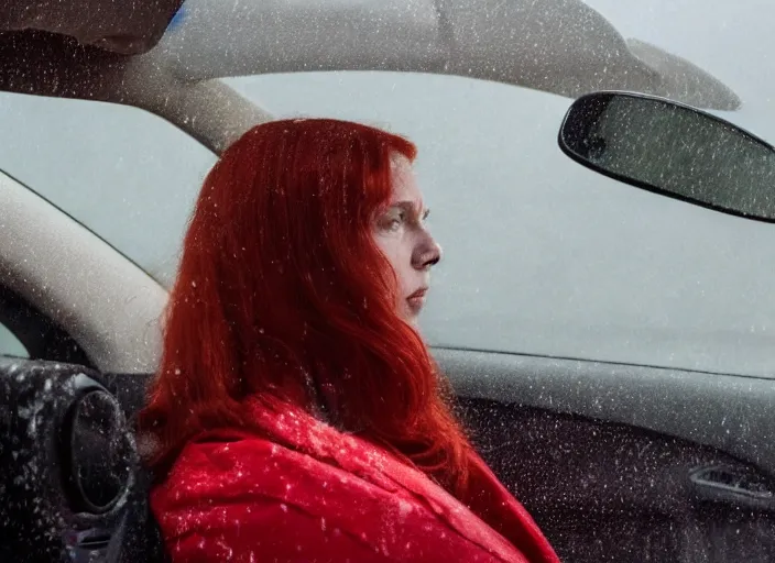 Image similar to A very high resolution image from a new movie, inside of a car, red hair woman, raining, hot, directed by wes anderson