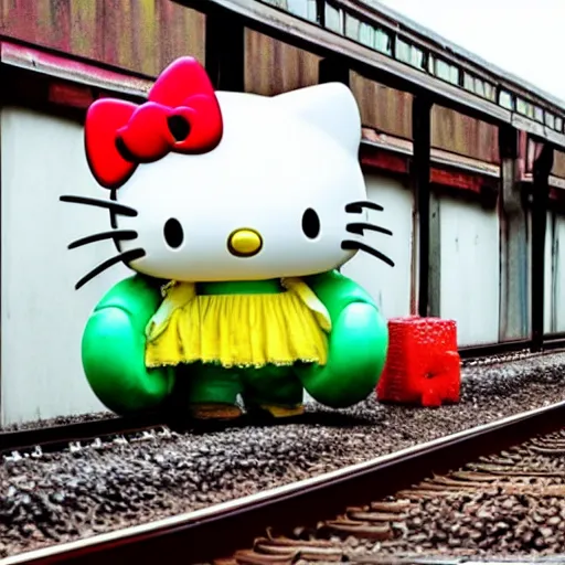 Prompt: hello kitty, wearing a watermelon dress, waiting by the train tracks