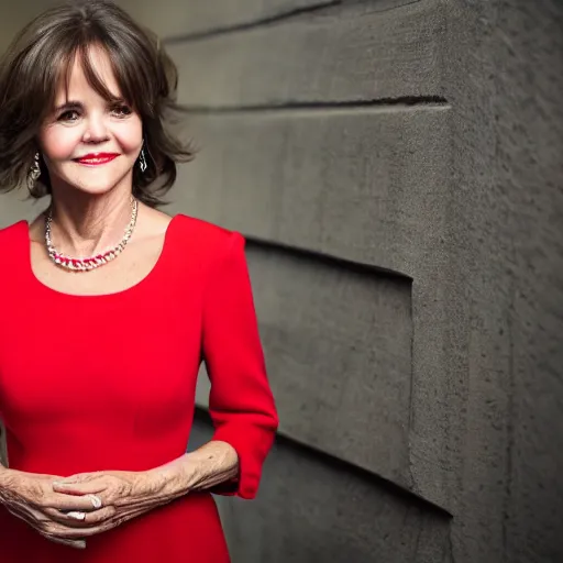 Prompt: dslr portrait still of sally field wearing a beautiful red dress, 8 k 8 5 mm f 1. 4