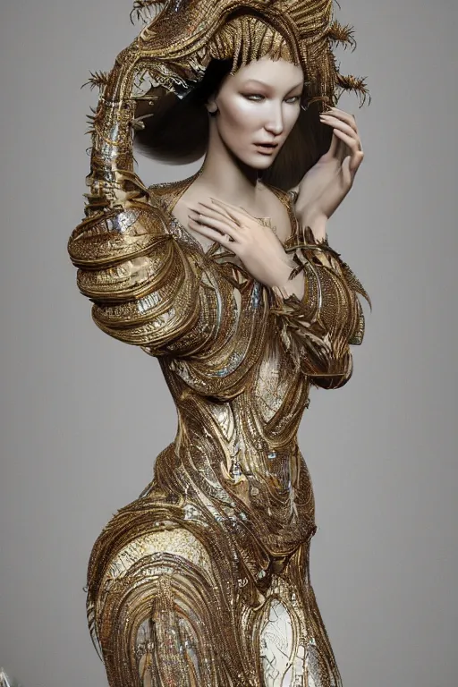 Prompt: a highly detailed portrait of a beautiful alien goddess bella hadid in iris van herpen dress schiaparelli in diamonds in style of alphonse mucha art nuvo trending on artstation made in unreal engine 4