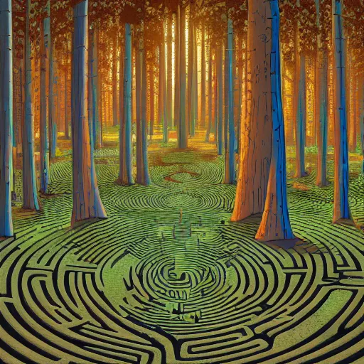 Prompt: a maze in the forest, digital painting by Dan Mumford, panoramic view, light and shadow