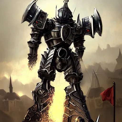 Image similar to a big medieval mech, sword, pixiv, hyperrealistic