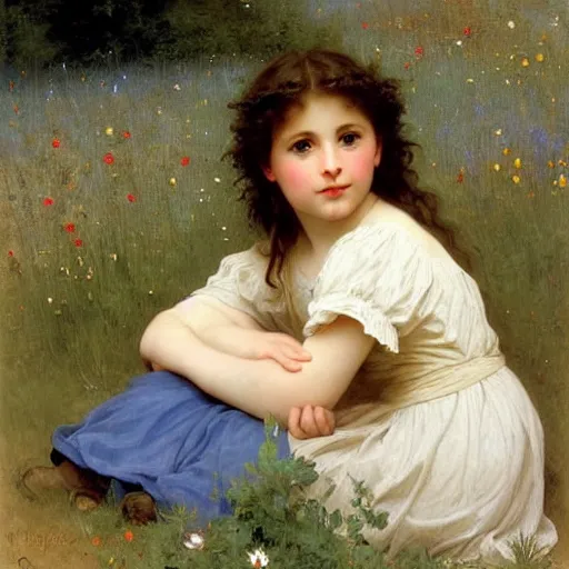 Prompt: a little girl with short wavy light brown hair and blue eyes sitting in a field of wildflowers. beautiful painting by bouguereau.