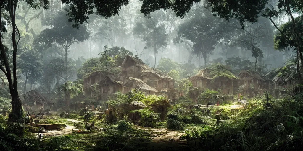 Prompt: high contrast render of a village hidden in the jungle by greg rutkowski, octane render, 8 k, artstation