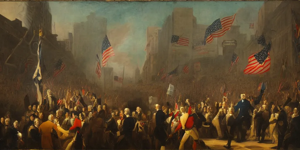 Image similar to a medium shot of george washington giving a speech in times square with bilboards in the backround and a large crowd carrying american flags and carrying torches by gerard seghers, the denial of st. peter