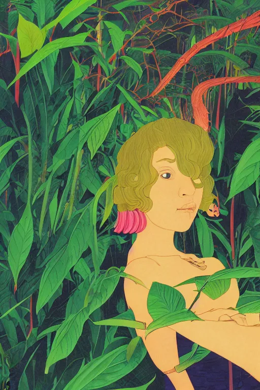 Image similar to a closeup portrait of a young woman taking mind altering drugs, a blotter paper of lsd acid and dreaming psychedelic hallucinations in the vast green landscapes of the amazon jungle, by kawase hasui, moebius, edward hopper, colorful flat surreal design, hd, 8 k, artstation