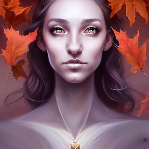 Prompt: beautiful stella maeve magician, in the style of peter mohrbacher, artgerm, tom bagshaw, realistic character concept, bird's eye overhead shot, elegant pose, spooky, illustration, symmetrical face and body, volumetric lighting, detailed realistic symmetrical eyes, 8 k, single face, insanely detailed and intricate elegant, autumn leaves